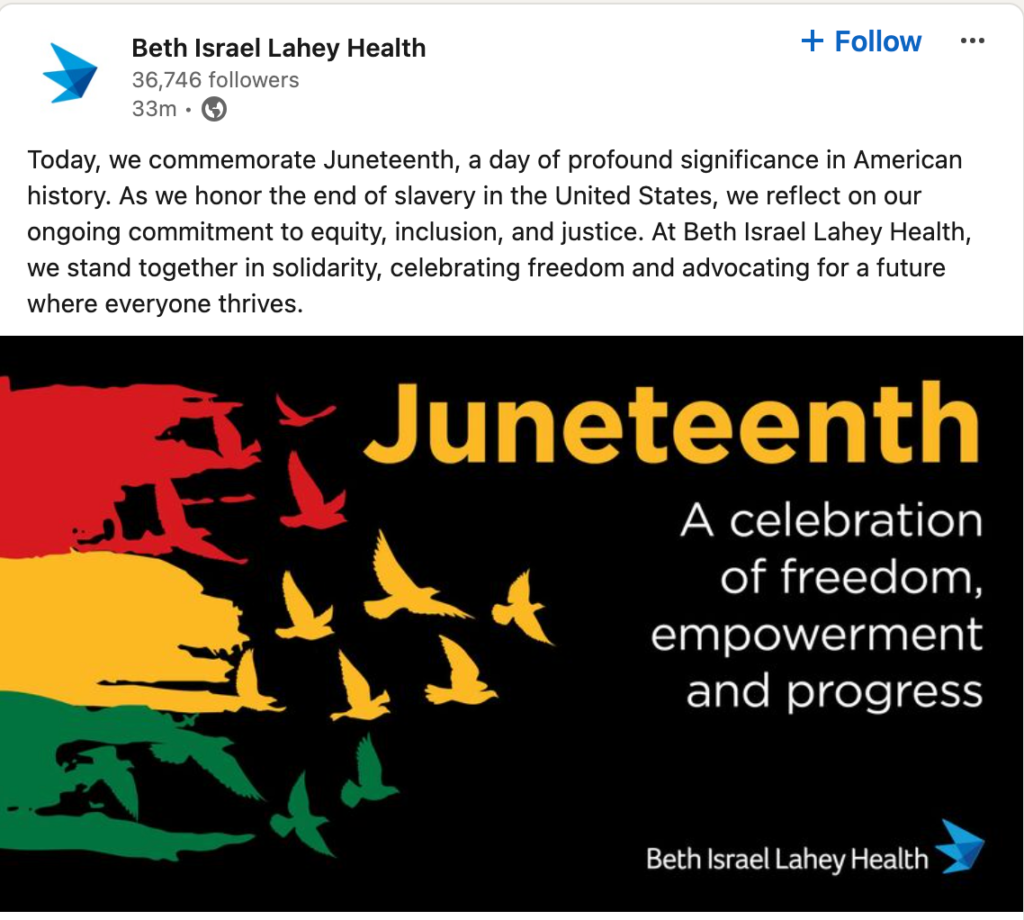 Beth Israel Lahey Health's social media post for Juneteenth